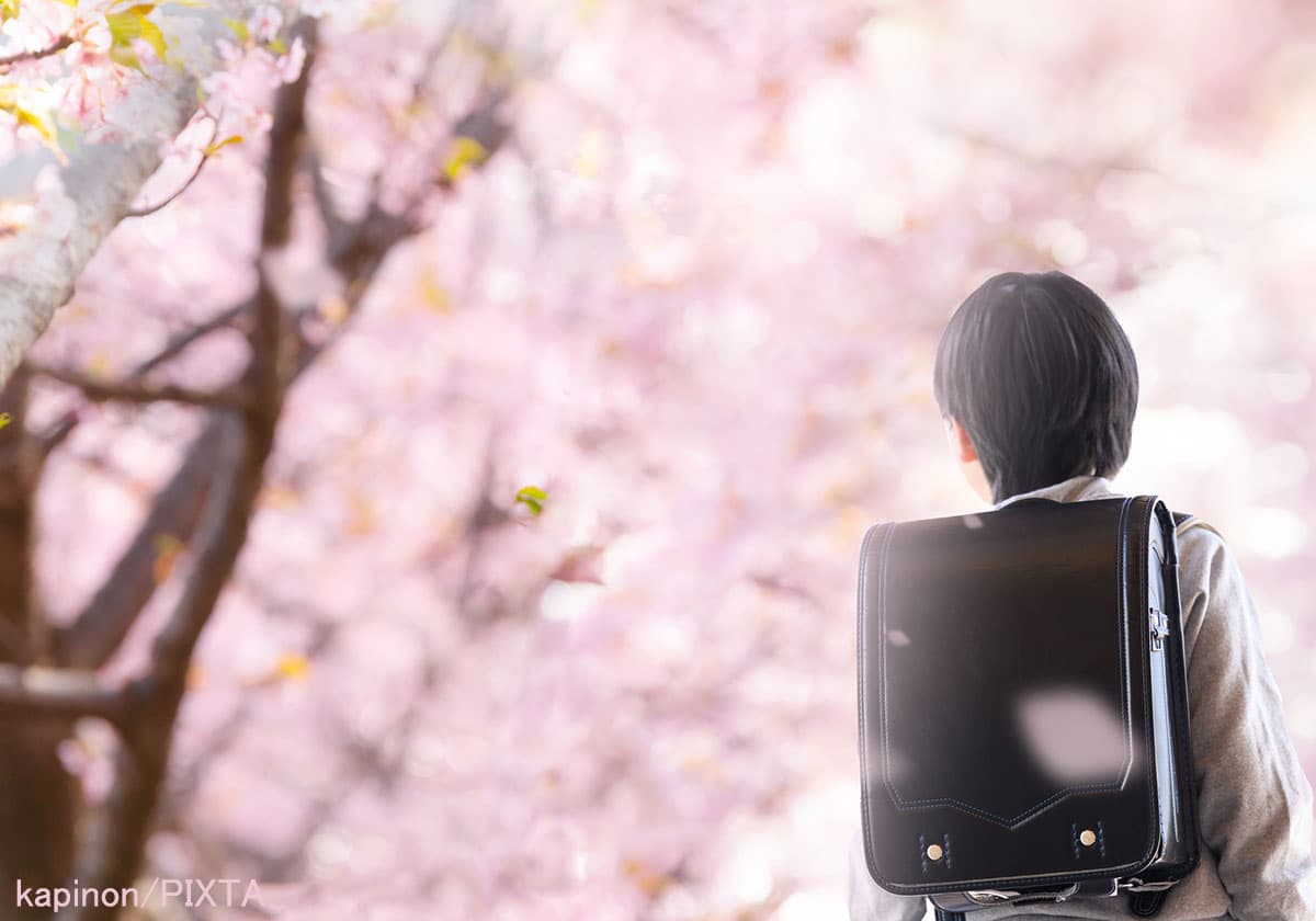 入学式シーズンの小学生と桜